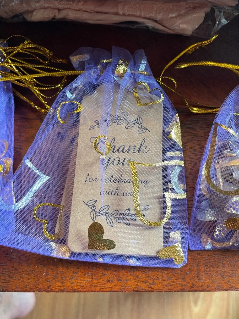 Purple Organza Favor Bags with Gold Heart Print - Party Supplies